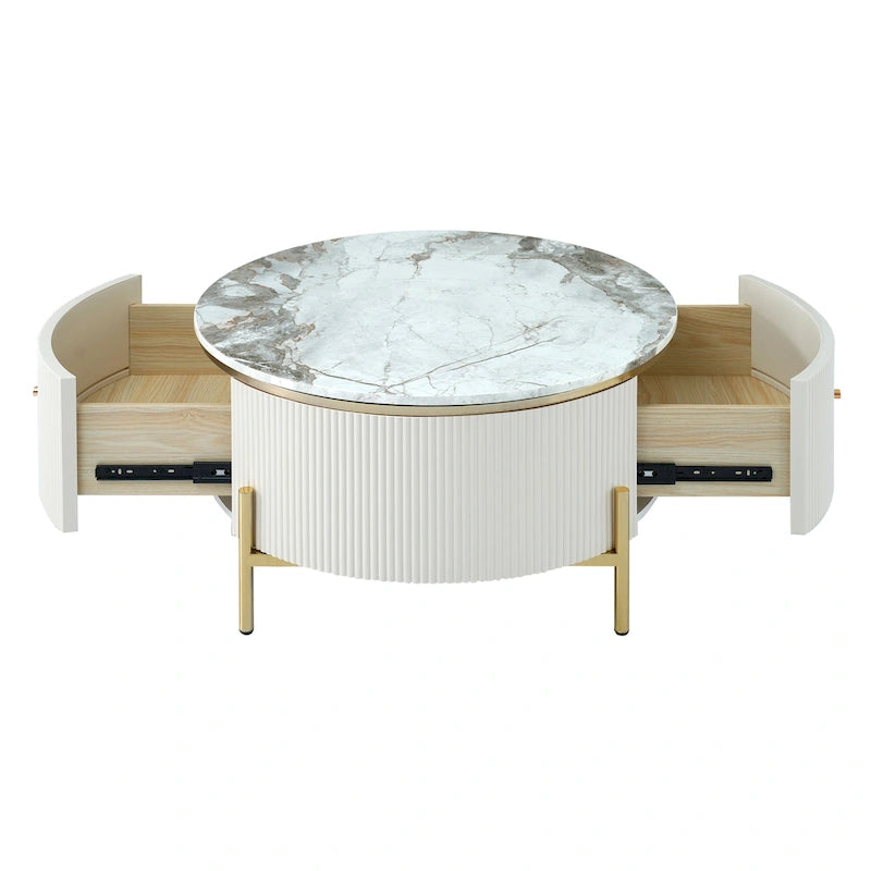 Table basse ronde à motif marbre avec 2 tiroirs – Blanc & Or / Noir & Or