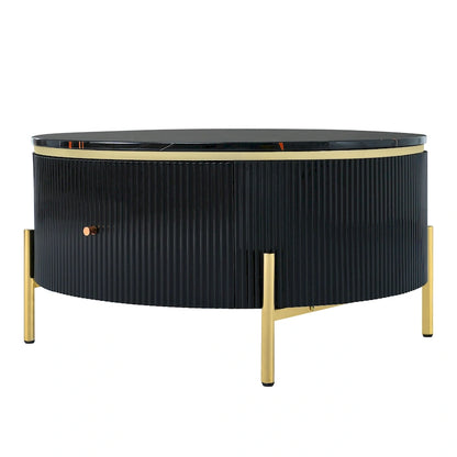 Table basse ronde à motif marbre avec 2 tiroirs – Blanc & Or / Noir & Or
