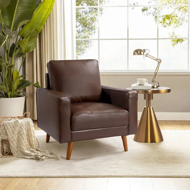 Fauteuil en cuir véritable Mid-Century – Marron / Bleu marine / Noir / Bordeaux, une place