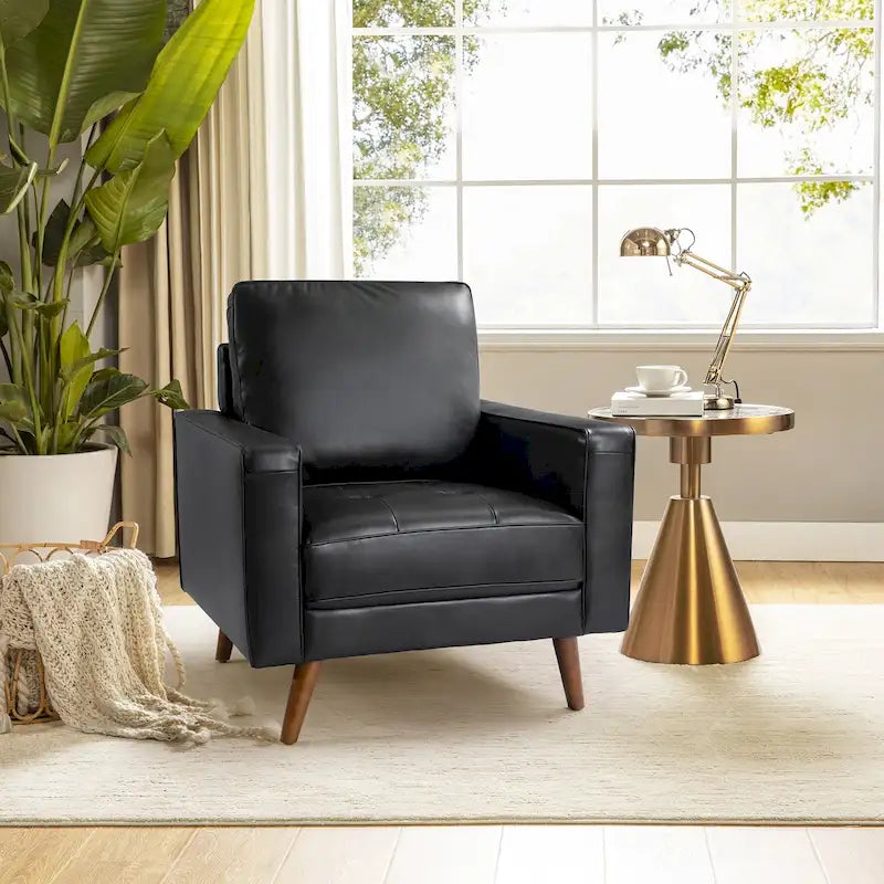 Fauteuil en cuir véritable Mid-Century – Marron / Bleu marine / Noir / Bordeaux, une place