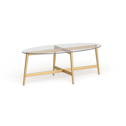 Table basse ovale en verre trempé – Laiton / Bronze noirci, pieds effilés en acier