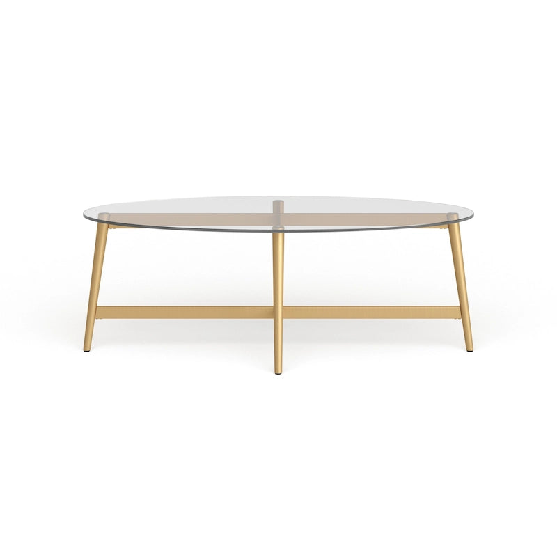 Table basse ovale en verre trempé – Laiton / Bronze noirci, pieds effilés en acier