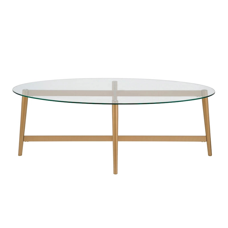 Table basse ovale en verre trempé – Laiton / Bronze noirci, pieds effilés en acier
