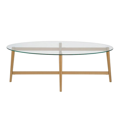 Table basse ovale en verre trempé – Laiton / Bronze noirci, pieds effilés en acier