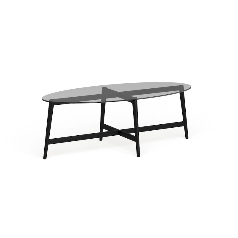 Table basse ovale en verre trempé – Laiton / Bronze noirci, pieds effilés en acier