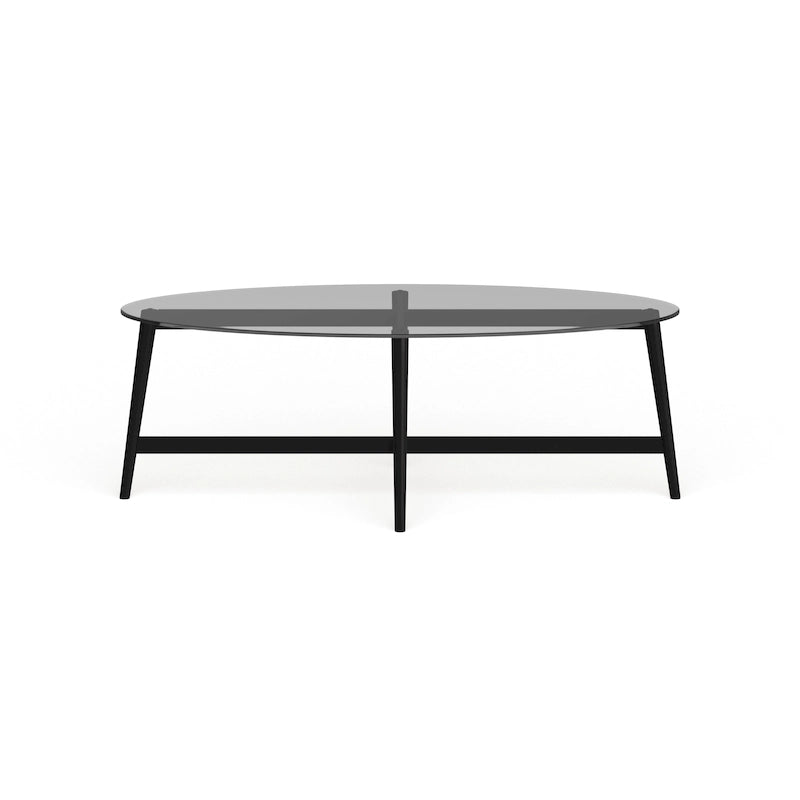 Table basse ovale en verre trempé – Laiton / Bronze noirci, pieds effilés en acier
