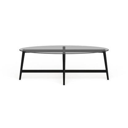 Table basse ovale en verre trempé – Laiton / Bronze noirci, pieds effilés en acier