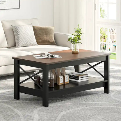 Table basse de style « ferme » à montants en X avec étagère de rangement – Noir / Blanc / Chêne / Gris, 2 niveaux