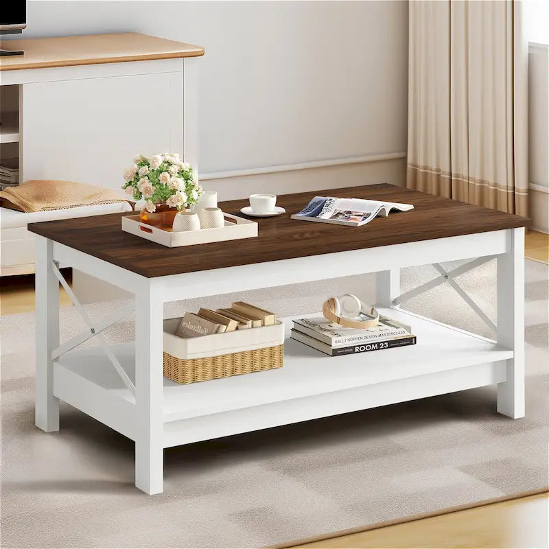 Table basse de style « ferme » à montants en X avec étagère de rangement – Noir / Blanc / Chêne / Gris, 2 niveaux