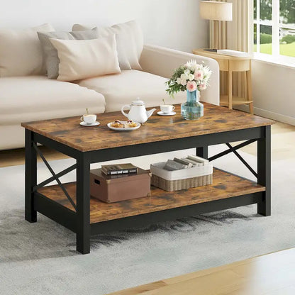 Table basse de style « ferme » à montants en X avec étagère de rangement – Noir / Blanc / Chêne / Gris, 2 niveaux