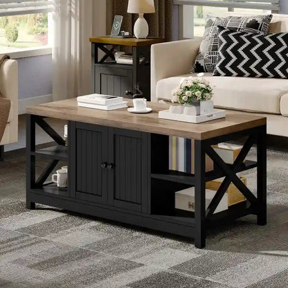 Table basse de style « ferme » à montants en X avec étagère de rangement – Noir / Blanc / Chêne / Gris, 2 niveaux