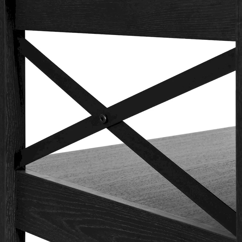 Table basse de style « ferme » à montants en X avec étagère de rangement – Noir / Blanc / Chêne / Gris, 2 niveaux