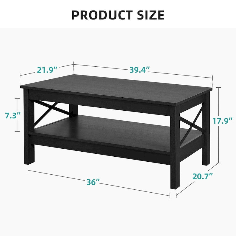 Table basse de style « ferme » à montants en X avec étagère de rangement – Noir / Blanc / Chêne / Gris, 2 niveaux