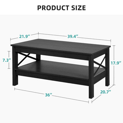 Table basse de style « ferme » à montants en X avec étagère de rangement – Noir / Blanc / Chêne / Gris, 2 niveaux
