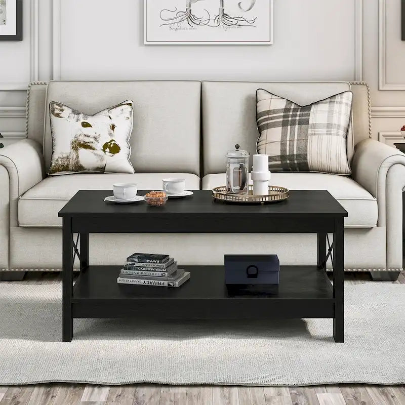 Table basse de style « ferme » à montants en X avec étagère de rangement – Noir / Blanc / Chêne / Gris, 2 niveaux