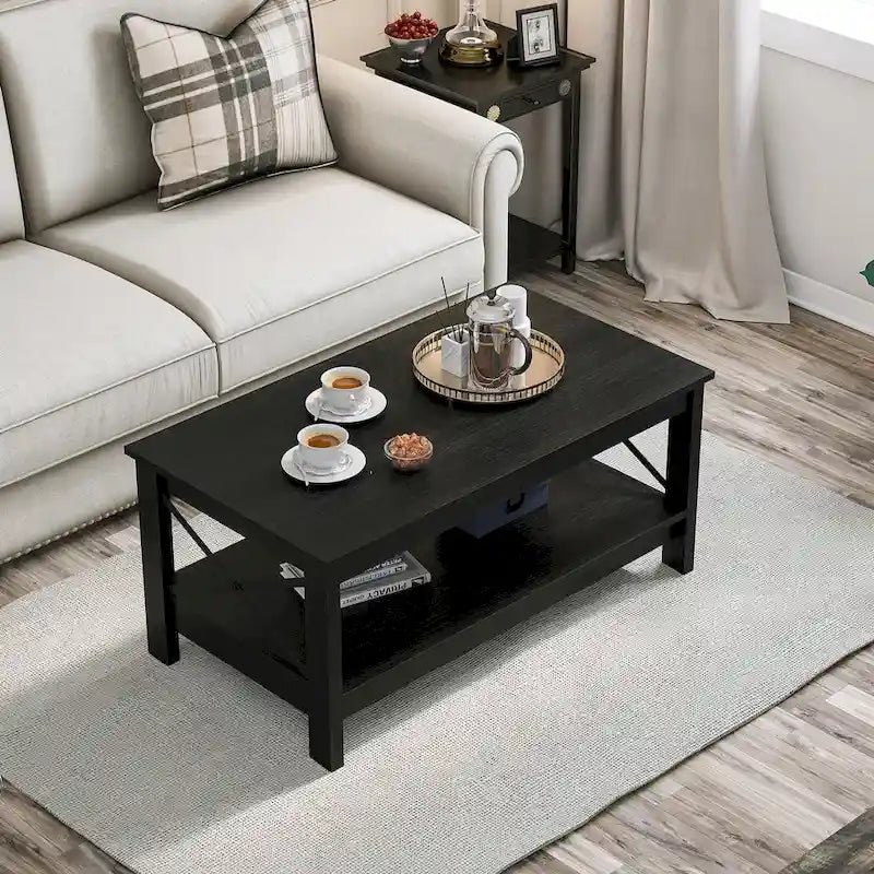 Table basse de style « ferme » à montants en X avec étagère de rangement – Noir / Blanc / Chêne / Gris, 2 niveaux