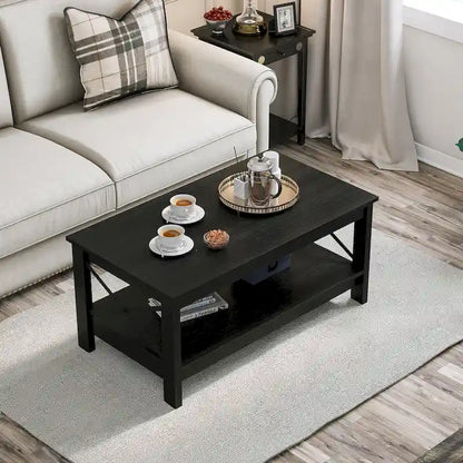 Table basse de style « ferme » à montants en X avec étagère de rangement – Noir / Blanc / Chêne / Gris, 2 niveaux