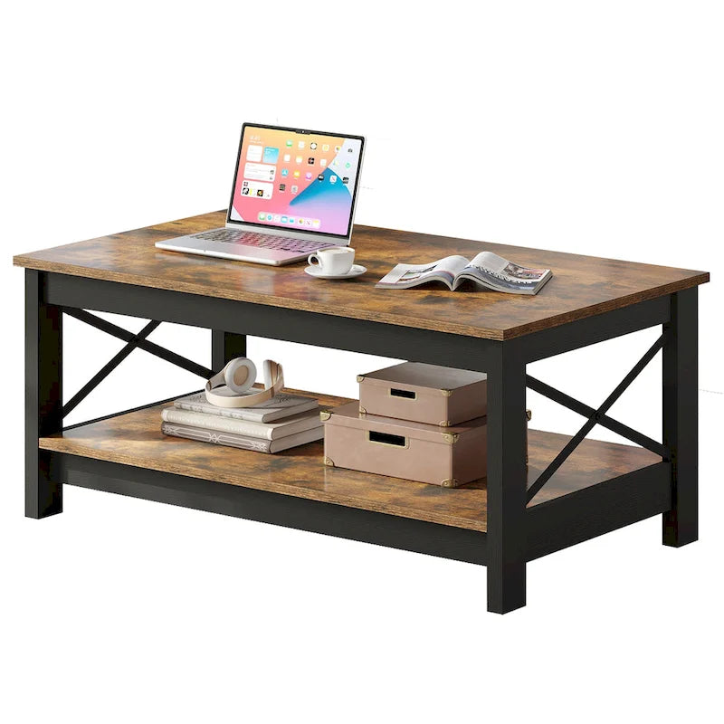 Table basse de style « ferme » à montants en X avec étagère de rangement – Noir / Blanc / Chêne / Gris, 2 niveaux