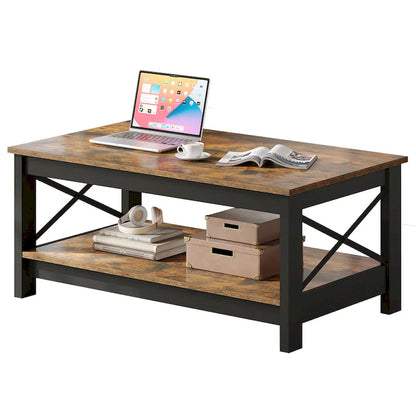 Table basse de style « ferme » à montants en X avec étagère de rangement – Noir / Blanc / Chêne / Gris, 2 niveaux