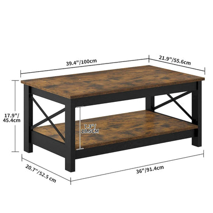 Table basse de style « ferme » à montants en X avec étagère de rangement – Noir / Blanc / Chêne / Gris, 2 niveaux