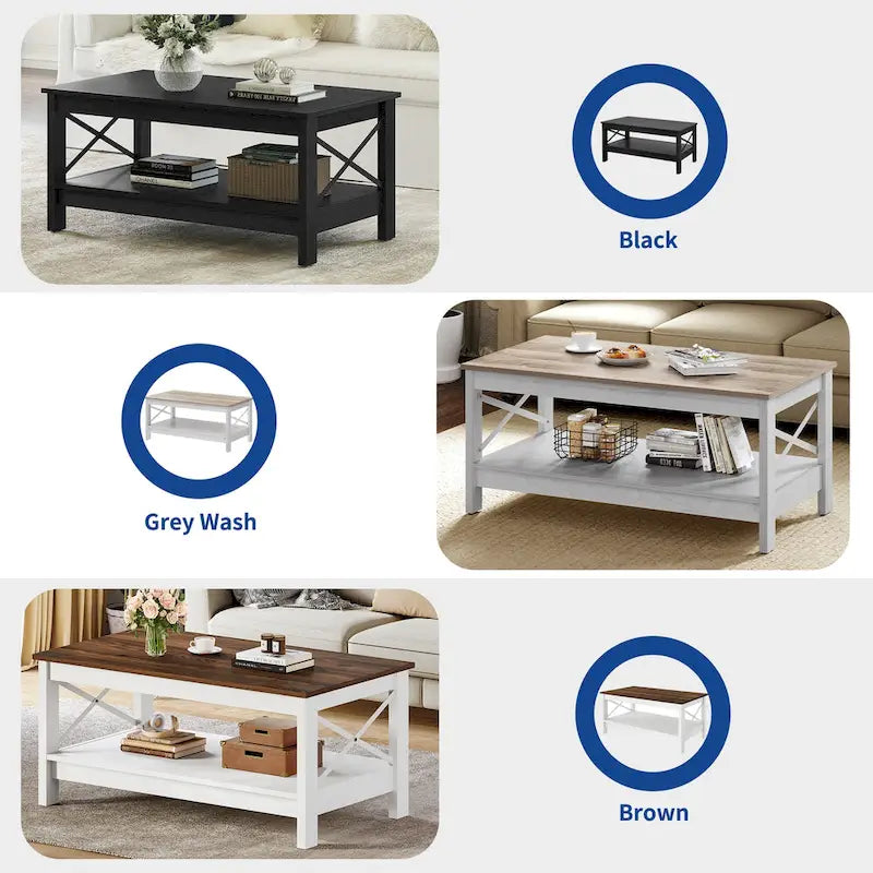 Table basse de style « ferme » à montants en X avec étagère de rangement – Noir / Blanc / Chêne / Gris, 2 niveaux