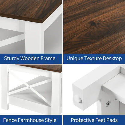 Table basse de style « ferme » à montants en X avec étagère de rangement – Noir / Blanc / Chêne / Gris, 2 niveaux