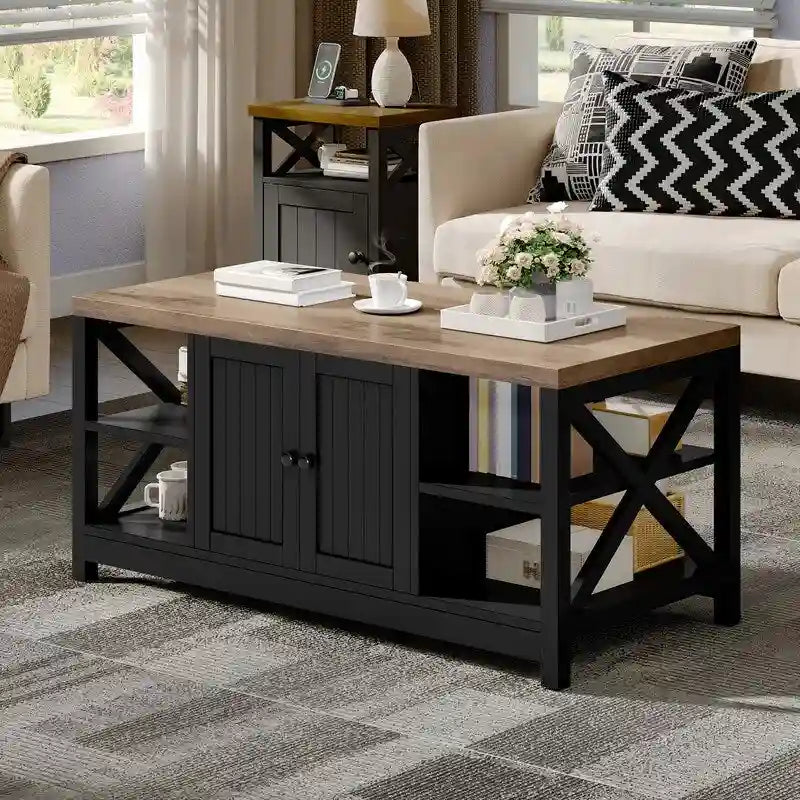 Table basse de style « ferme » à montants en X avec étagère de rangement – Noir / Blanc / Chêne / Gris, 2 niveaux