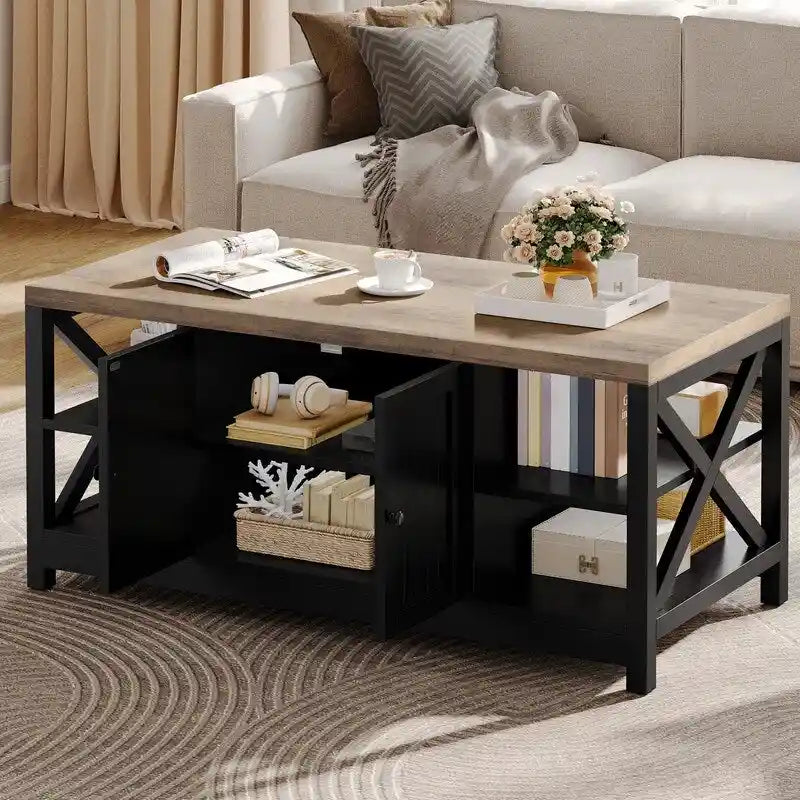 Table basse de style « ferme » à montants en X avec étagère de rangement – Noir / Blanc / Chêne / Gris, 2 niveaux