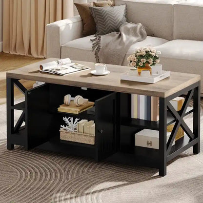 Table basse de style « ferme » à montants en X avec étagère de rangement – Noir / Blanc / Chêne / Gris, 2 niveaux