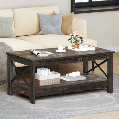 Table basse de style « ferme » à montants en X avec étagère de rangement – Noir / Blanc / Chêne / Gris, 2 niveaux