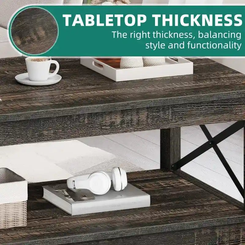 Table basse de style « ferme » à montants en X avec étagère de rangement – Noir / Blanc / Chêne / Gris, 2 niveaux