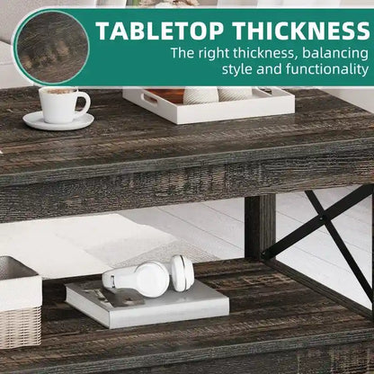 Table basse de style « ferme » à montants en X avec étagère de rangement – Noir / Blanc / Chêne / Gris, 2 niveaux