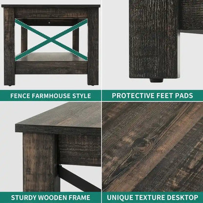 Table basse de style « ferme » à montants en X avec étagère de rangement – Noir / Blanc / Chêne / Gris, 2 niveaux