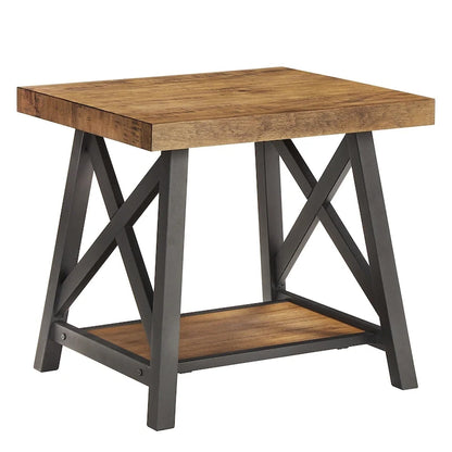Table d'appoint rustique à piètement en X avec étagère – Chêne / Marron / Gris / Noir, piètement en métal