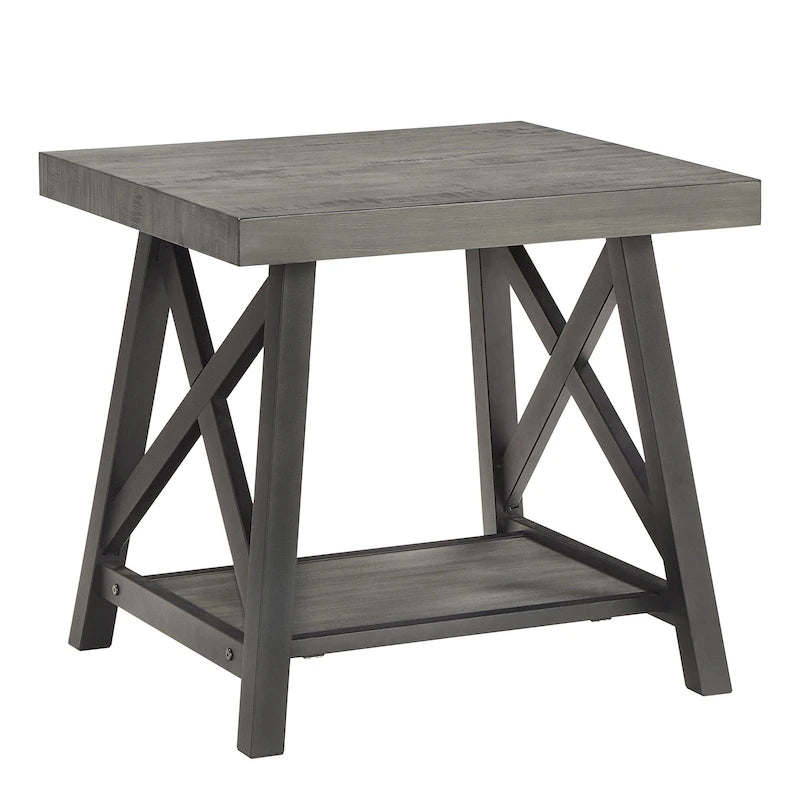 Table d'appoint rustique à piètement en X avec étagère – Chêne / Marron / Gris / Noir, piètement en métal