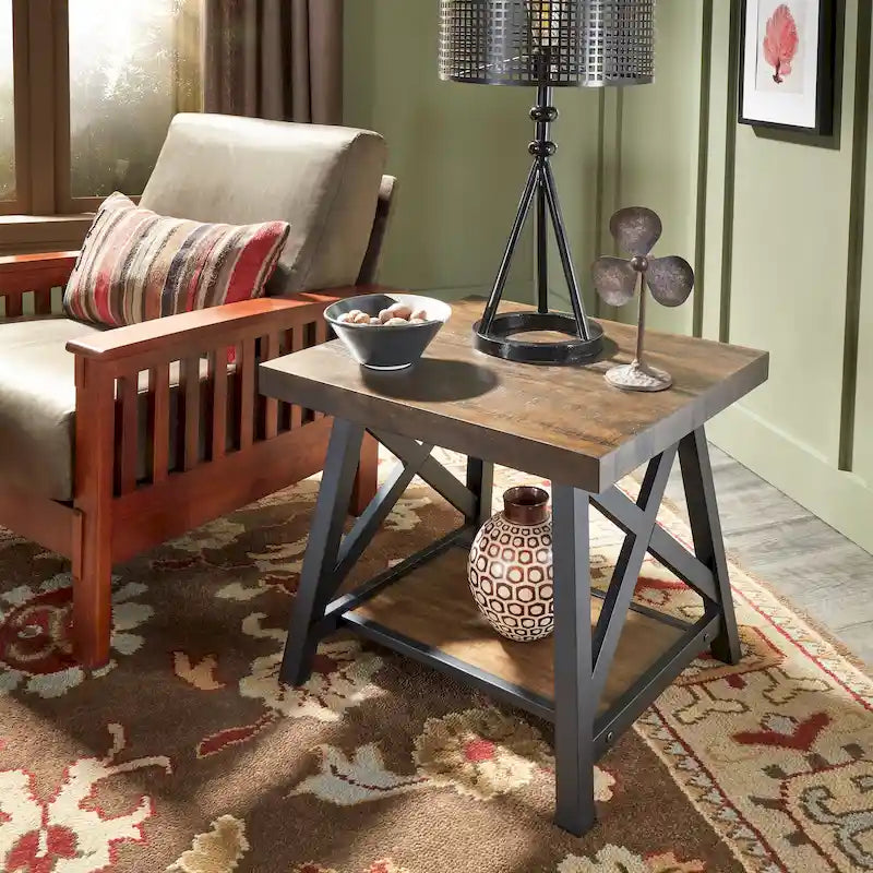 Table d'appoint rustique à piètement en X avec étagère – Chêne / Marron / Gris / Noir, piètement en métal