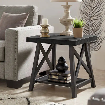 Table d'appoint rustique à piètement en X avec étagère – Chêne / Marron / Gris / Noir, piètement en métal