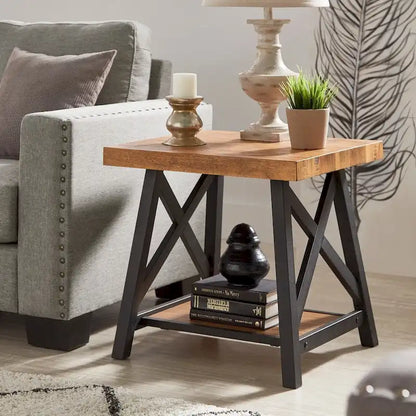 Table d'appoint rustique à piètement en X avec étagère – Chêne / Marron / Gris / Noir, piètement en métal
