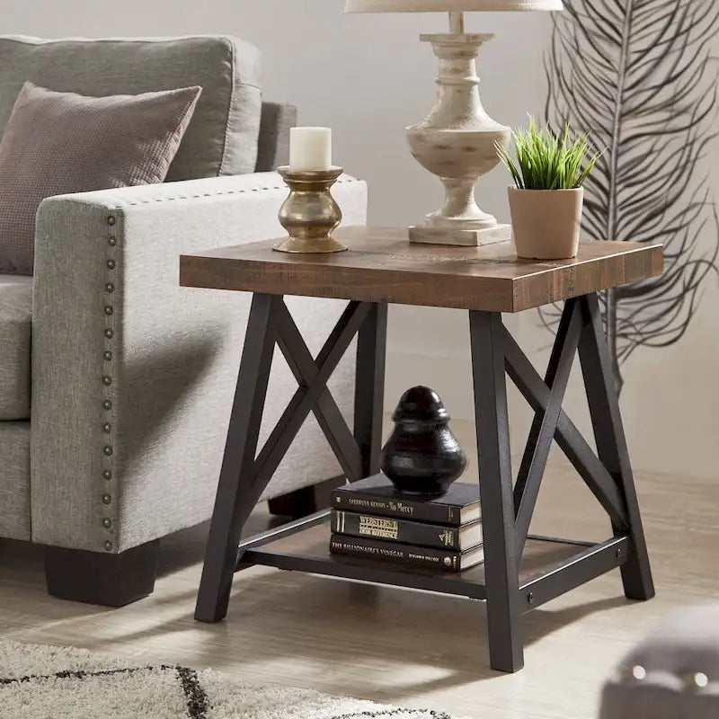 Table d'appoint rustique à piètement en X avec étagère – Chêne / Marron / Gris / Noir, piètement en métal
