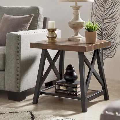 Table d'appoint rustique à piètement en X avec étagère – Chêne / Marron / Gris / Noir, piètement en métal