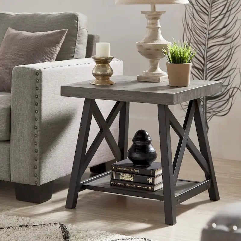 Table d'appoint rustique à piètement en X avec étagère – Chêne / Marron / Gris / Noir, piètement en métal
