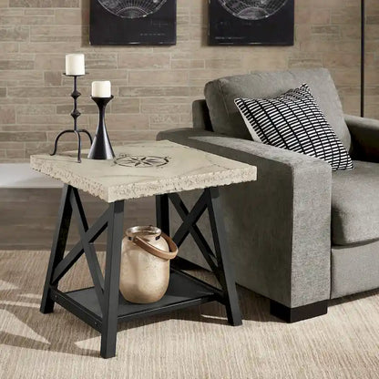 Table d'appoint rustique à piètement en X avec étagère – Chêne / Marron / Gris / Noir, piètement en métal