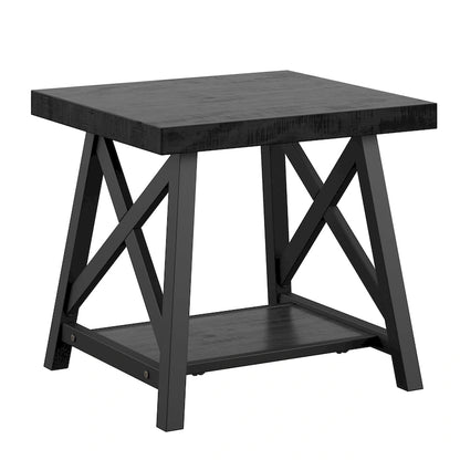 Table d'appoint rustique à piètement en X avec étagère – Chêne / Marron / Gris / Noir, piètement en métal