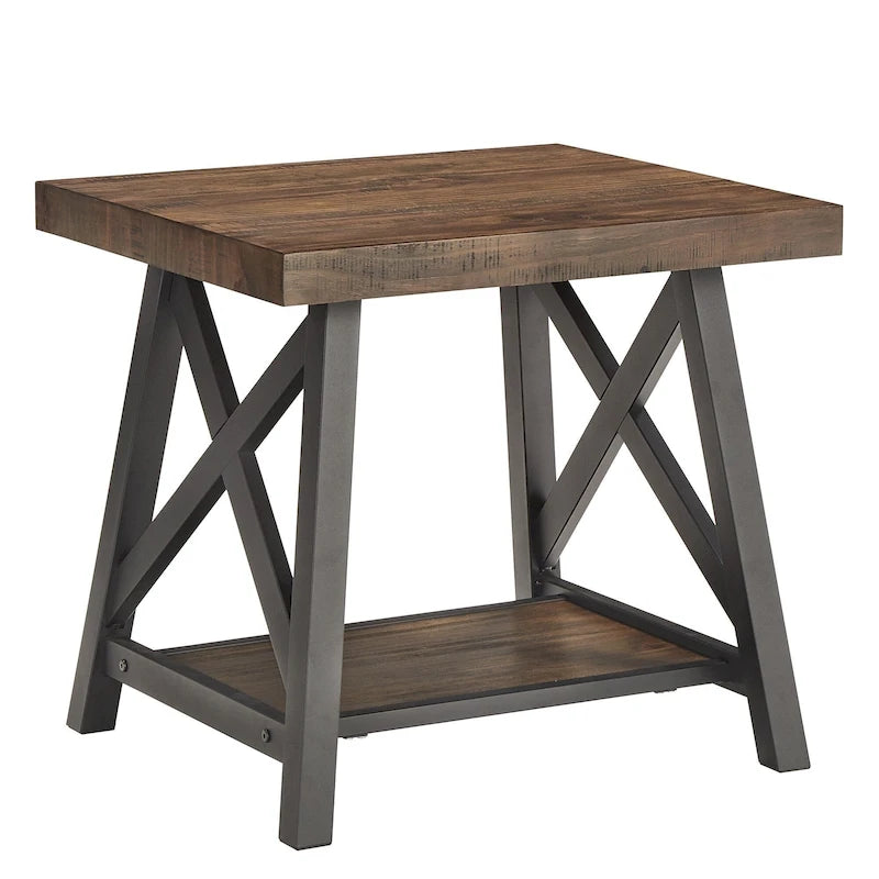 Table d'appoint rustique à piètement en X avec étagère – Chêne / Marron / Gris / Noir, piètement en métal