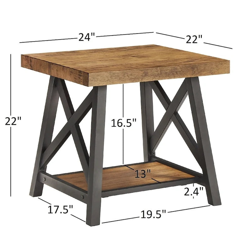 Table d'appoint rustique à piètement en X avec étagère – Chêne / Marron / Gris / Noir, piètement en métal