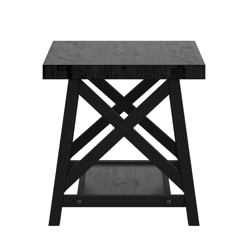 Table d'appoint rustique à piètement en X avec étagère – Chêne / Marron / Gris / Noir, piètement en métal