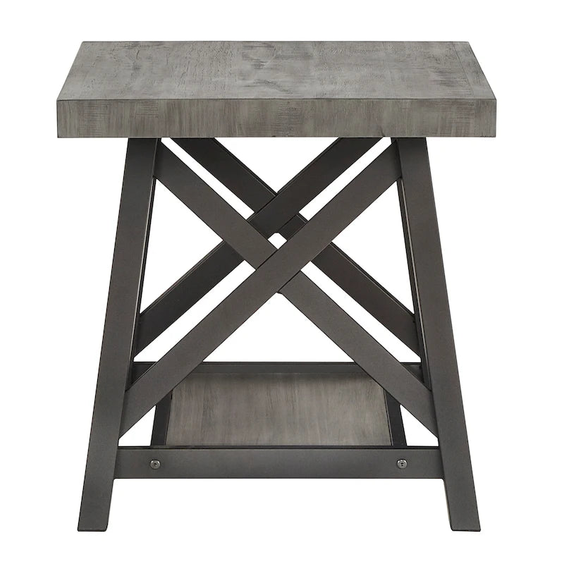 Table d'appoint rustique à piètement en X avec étagère – Chêne / Marron / Gris / Noir, piètement en métal