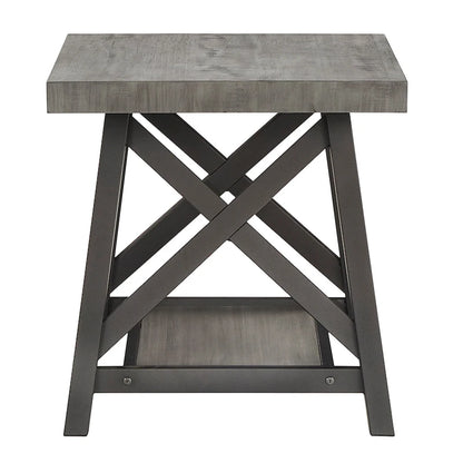 Table d'appoint rustique à piètement en X avec étagère – Chêne / Marron / Gris / Noir, piètement en métal