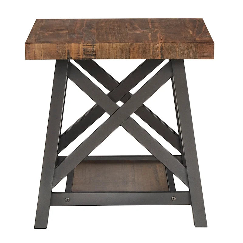 Table d'appoint rustique à piètement en X avec étagère – Chêne / Marron / Gris / Noir, piètement en métal