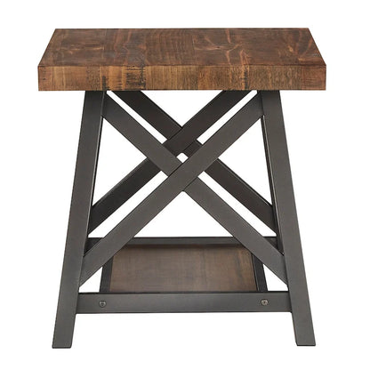 Table d'appoint rustique à piètement en X avec étagère – Chêne / Marron / Gris / Noir, piètement en métal
